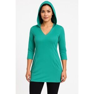 The North Face Womens Hoodie Tunic Top Size M Teal V-Neck 3/4 Sleeve Activewear